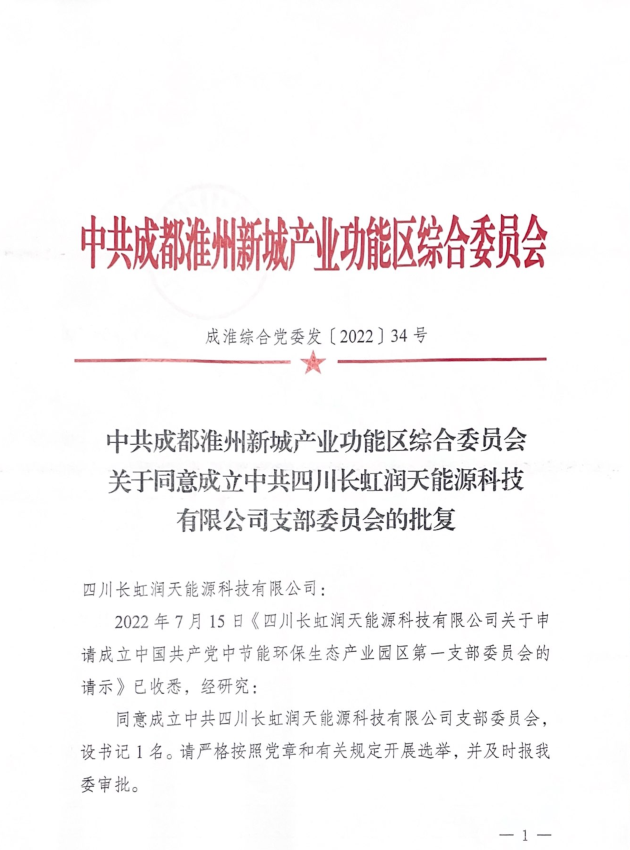 關(guān)于同意成立中共四川長虹潤天能源科技有限公司支部委員會的批復